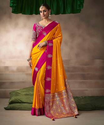 Orange satin silk Blend saree with heavy embroidered silk blend blouse party & festive wear 1