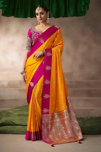 Orange  satin silk Blend saree with heavy embroidered silk blend blouse party & festive wear