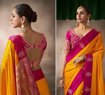 Orange satin silk Blend saree with heavy embroidered silk blend blouse party & festive wear 2