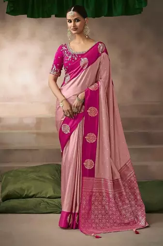 Light pink satin silk blend saree with embroidered silk blend blouse elegant party wear saree