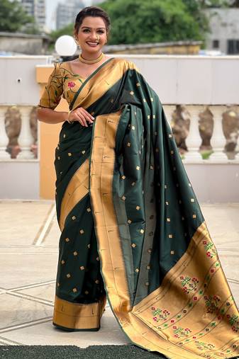 Green color paithani silk woven jacquard jari designer ethnic saree