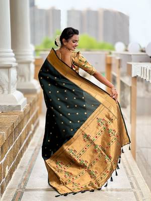 Green paithani silk blend woven jacquard zari ethnic saree 2