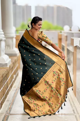Green paithani silk blend woven jacquard zari ethnic saree