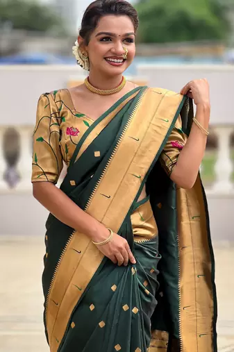 Green paithani silk blend woven jacquard zari ethnic saree