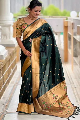 Green paithani silk blend woven jacquard zari ethnic saree