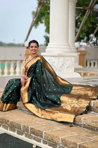 Green paithani silk blend woven jacquard zari ethnic saree