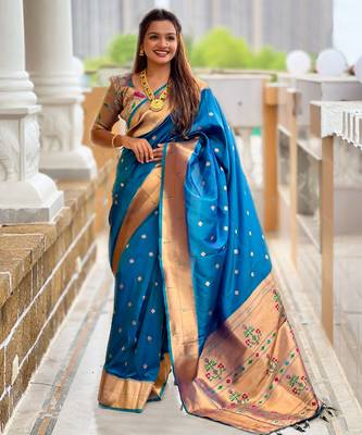 Teal blue paithani silk blend woven jacquard zari ethnic saree 1