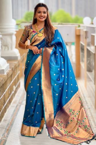Teal blue color paithani silk woven jacquard jari designer ethnic saree