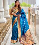 Teal blue color paithani silk woven jacquard jari ethnic saree