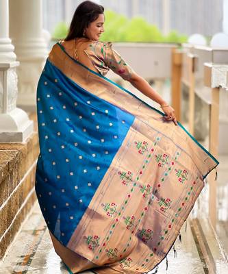 Teal blue paithani silk blend woven jacquard zari ethnic saree 2