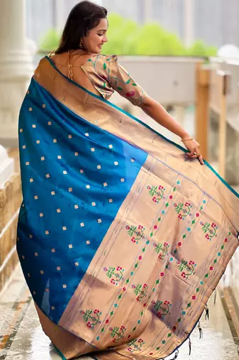 Teal blue paithani silk blend woven jacquard zari ethnic saree
