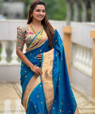 Teal blue paithani silk blend woven jacquard zari ethnic saree 3