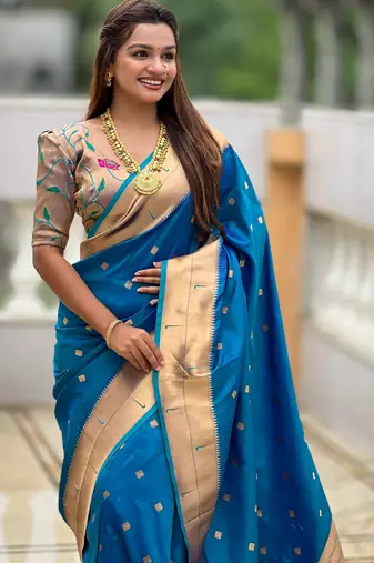 Teal blue paithani silk blend woven jacquard zari ethnic saree