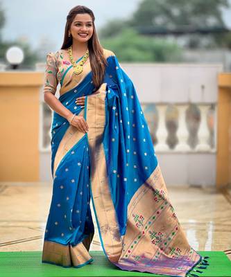 Teal blue paithani silk blend woven jacquard zari ethnic saree 4