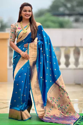 Teal blue paithani silk blend woven jacquard zari ethnic saree