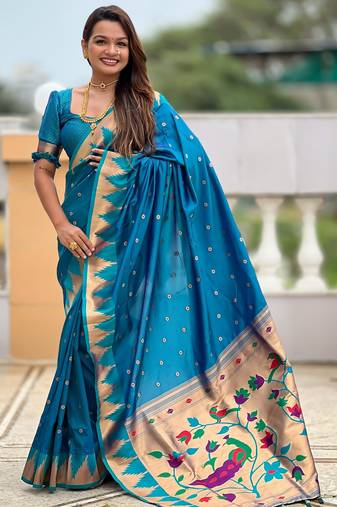 Firozi color sophisticated paithani silk fabric woven jacquard meenakari designer saree