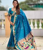 Firozi color sophisticated paithani silk fabric woven jacquard meenakari saree