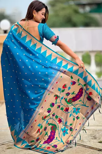 Firozi sophisticated paithani silk blend woven jacquard meenakari saree