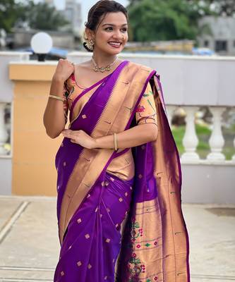 Magenta paithani silk blend woven jacquard zari ethnic saree 3