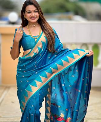 Firozi sophisticated paithani silk blend woven jacquard meenakari saree 3