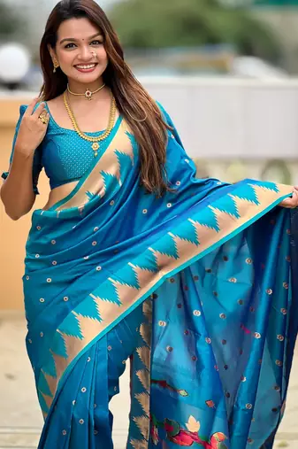 Firozi sophisticated paithani silk blend woven jacquard meenakari saree
