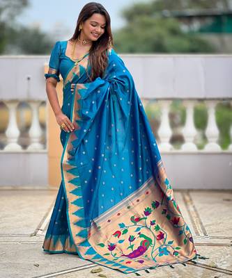 Firozi sophisticated paithani silk blend woven jacquard meenakari saree 4