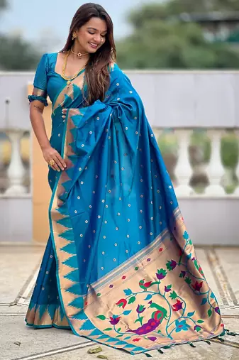 Firozi sophisticated paithani silk blend woven jacquard meenakari saree