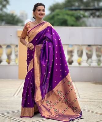Magenta paithani silk blend woven jacquard zari ethnic saree 4
