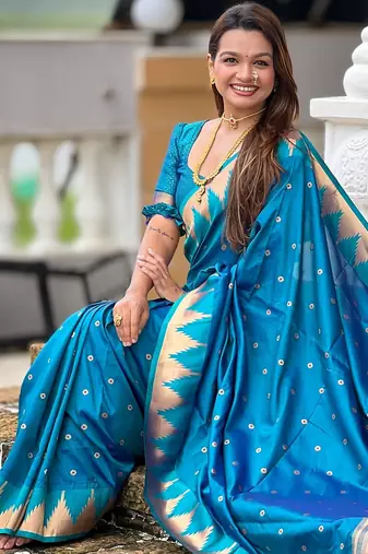 Firozi sophisticated paithani silk blend woven jacquard meenakari saree