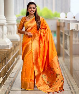 Orange paithani silk blend woven jacquard zari ethnic saree 1