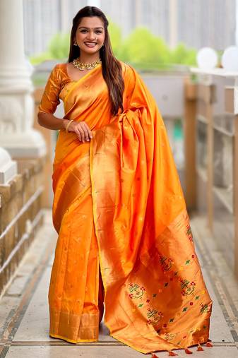 Orange color paithani silk woven jacquard jari designer ethnic saree