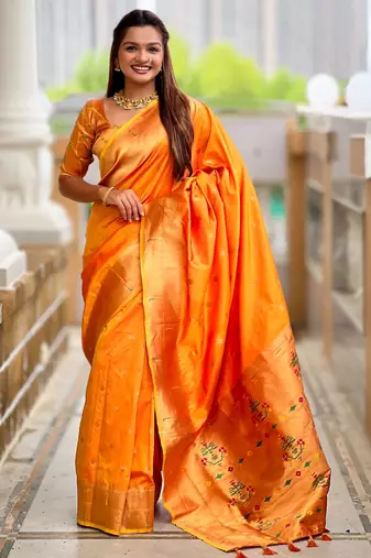 Orange color paithani silk woven jacquard jari designer ethnic saree