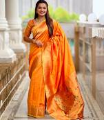 Orange color paithani silk woven jacquard jari ethnic saree