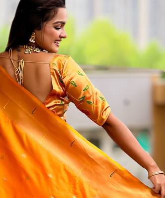 Orange paithani silk blend woven jacquard zari ethnic saree 2