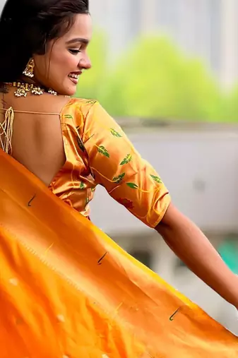 Orange paithani silk blend woven jacquard zari ethnic saree
