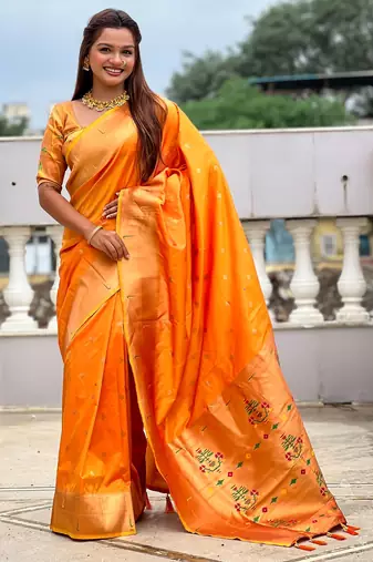 Orange paithani silk blend woven jacquard zari ethnic saree