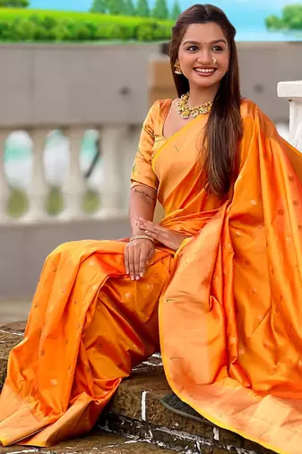Orange paithani silk blend woven jacquard zari ethnic saree