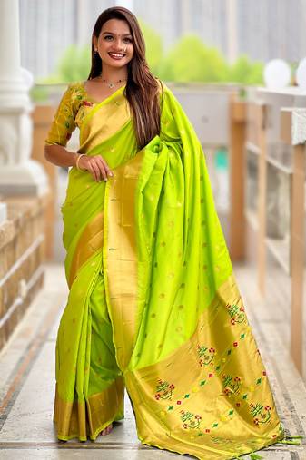Parrot green color paithani silk woven jacquard jari designer ethnic saree