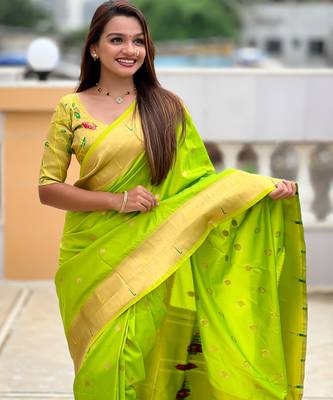 Parrot green paithani silk blend woven jacquard zari ethnic saree 3