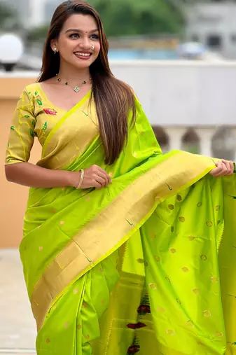 Parrot green paithani silk blend woven jacquard zari ethnic saree