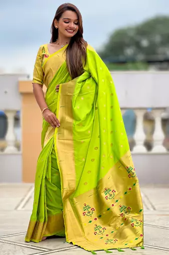 Parrot green paithani silk blend woven jacquard zari ethnic saree
