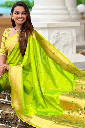 Parrot green paithani silk blend woven jacquard zari ethnic saree
