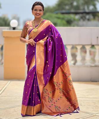 Purple paithani silk blend woven jacquard zari ethnic saree 1