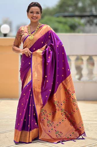 Purple color paithani silk woven jacquard jari designer ethnic saree