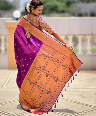 Purple paithani silk blend woven jacquard zari ethnic saree 2