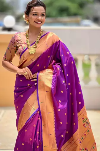 Purple paithani silk blend woven jacquard zari ethnic saree