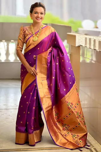 Purple paithani silk blend woven jacquard zari ethnic saree