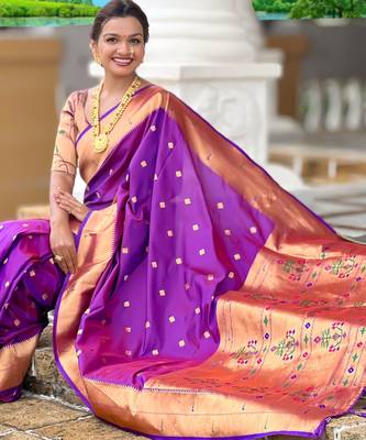 Purple paithani silk blend woven jacquard zari ethnic saree 5
