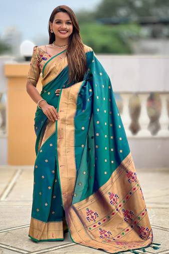 Rama color paithani silk woven jacquard jari designer ethnic saree