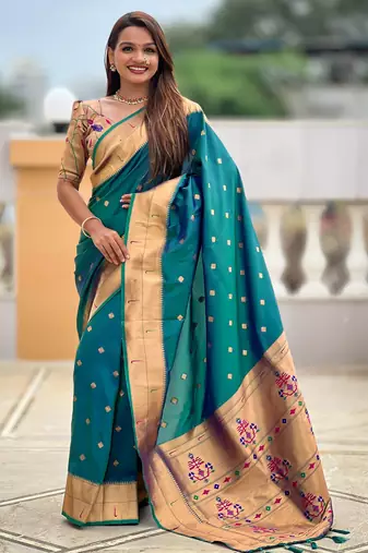 Rama color paithani silk woven jacquard jari designer ethnic saree
